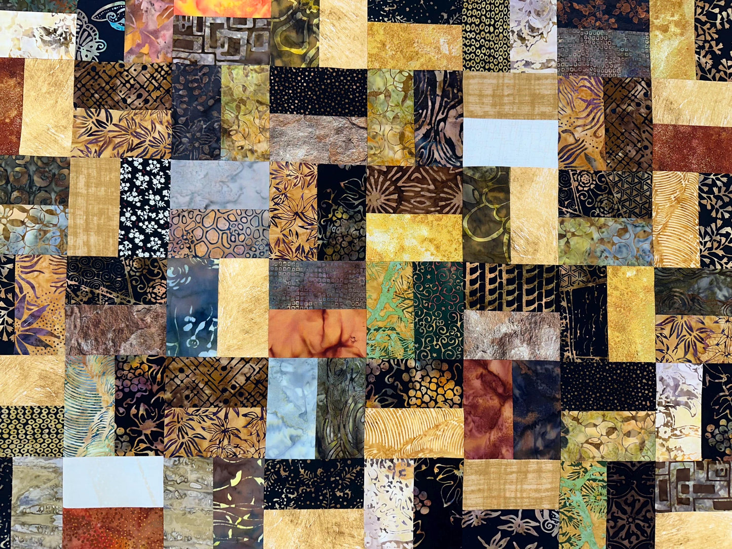 Handmade Batik Quilt Top in Black Brown Gold Patchwork, Lap Size, 36" x 44"
