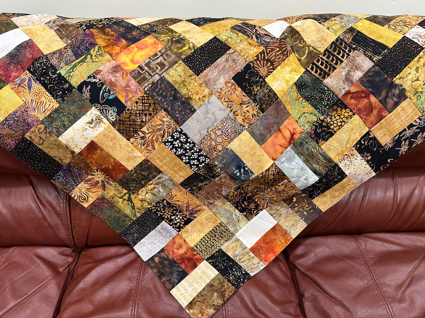Handmade Batik Quilt Top in Black Brown Gold Patchwork, Lap Size, 36" x 44"