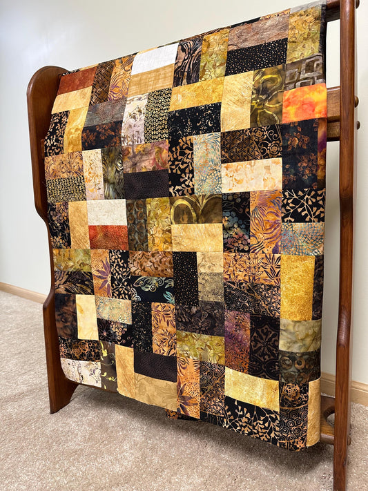 Handmade Batik Quilt Top in Black Brown Gold Patchwork, Lap Size, 36" x 44"