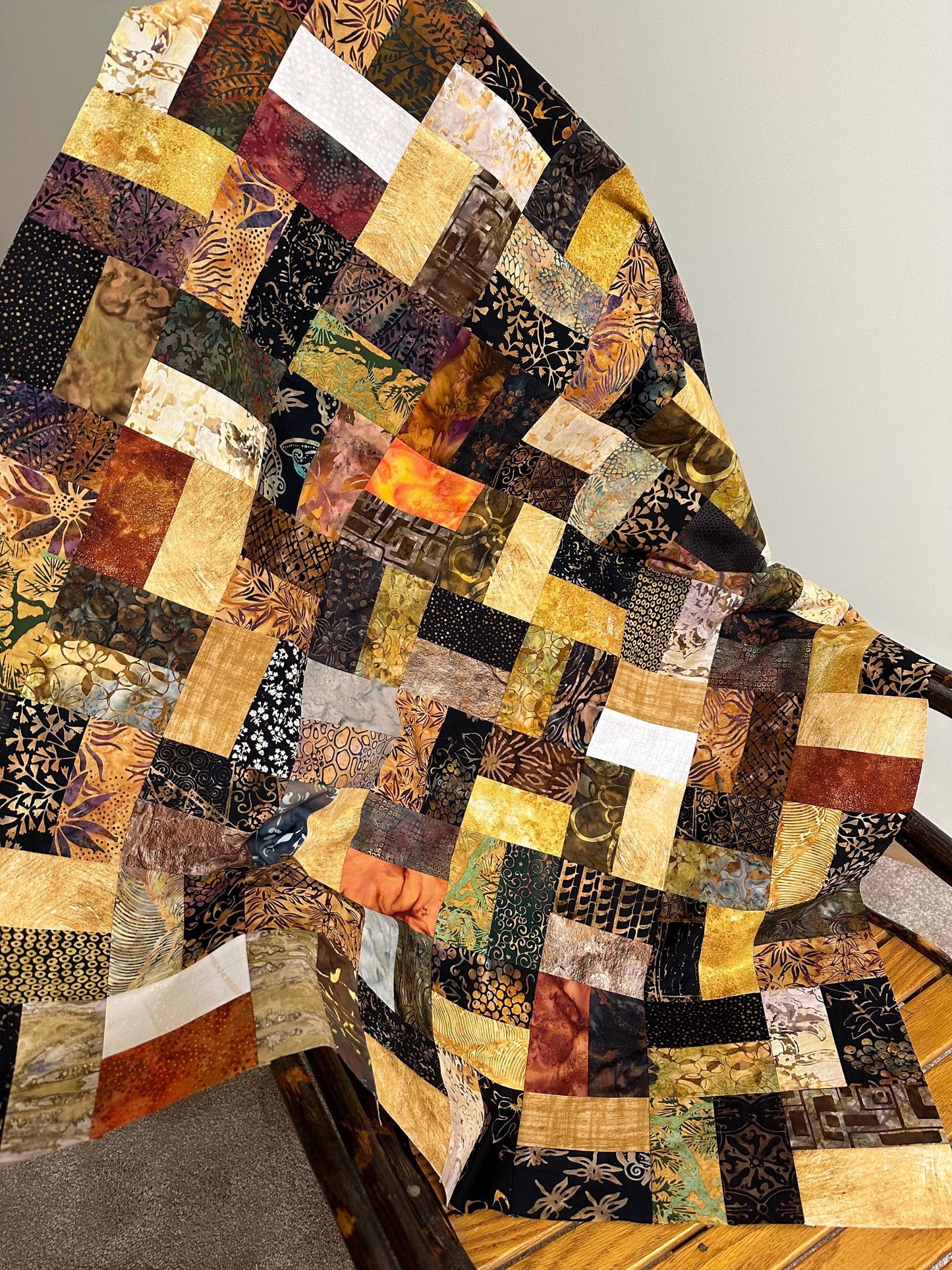 Handmade Batik Quilt Top in Black Brown Gold Patchwork, Lap Size, 36" x 44"