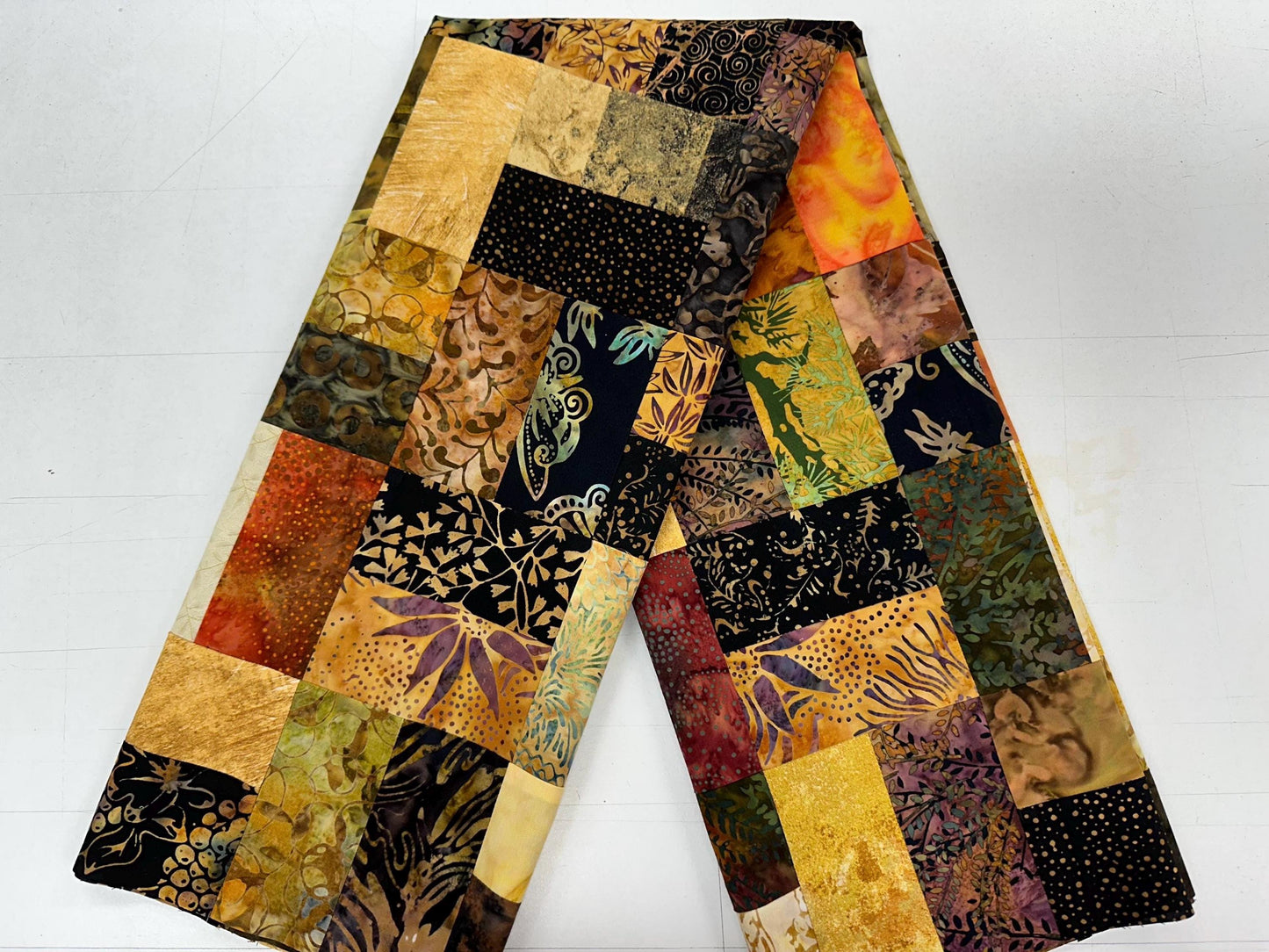 Handmade Batik Quilt Top in Black Brown Gold Patchwork, Lap Size, 36" x 44"