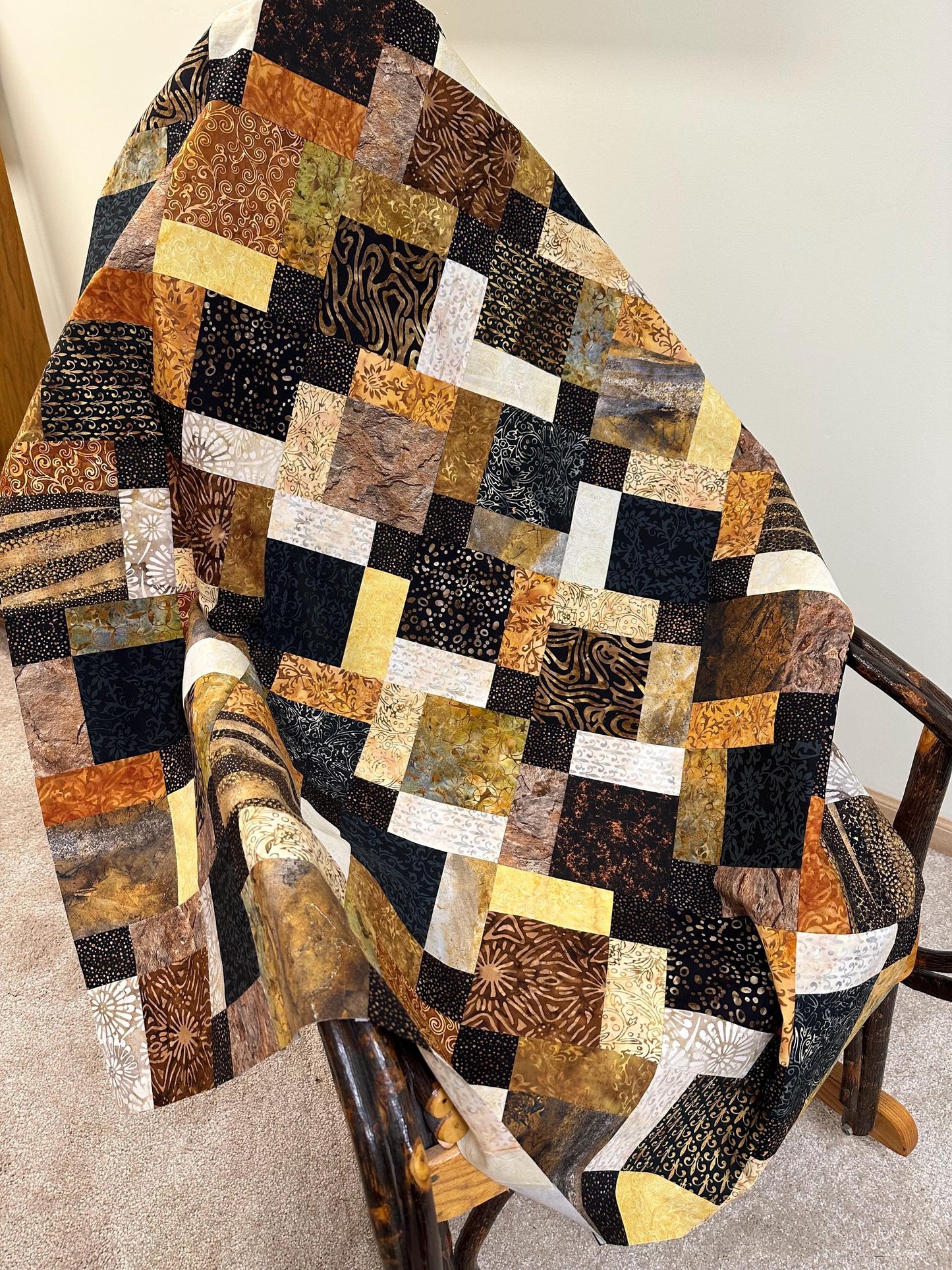 Unfinished Batik Quilt Top, Black Brown Gold, 45" x 58" Lap Throw