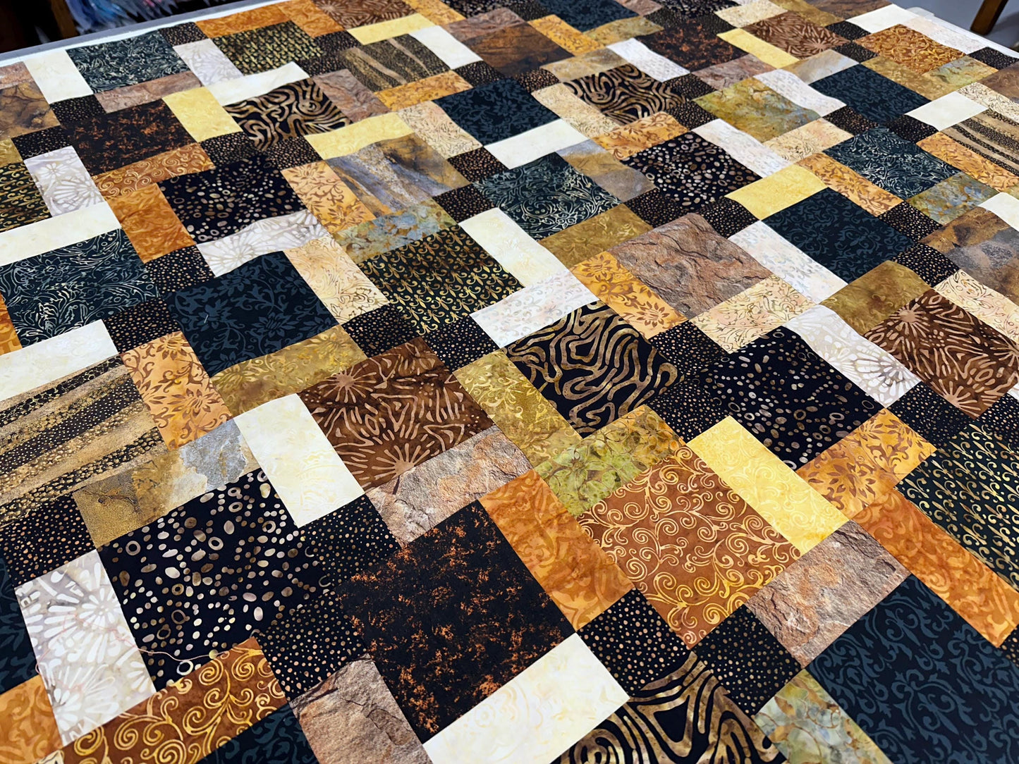 Unfinished Batik Quilt Top, Black Brown Gold, 45" x 58" Lap Throw
