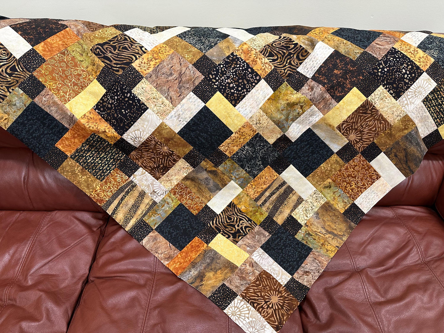 Unfinished Batik Quilt Top, Black Brown Gold, 45" x 58" Lap Throw