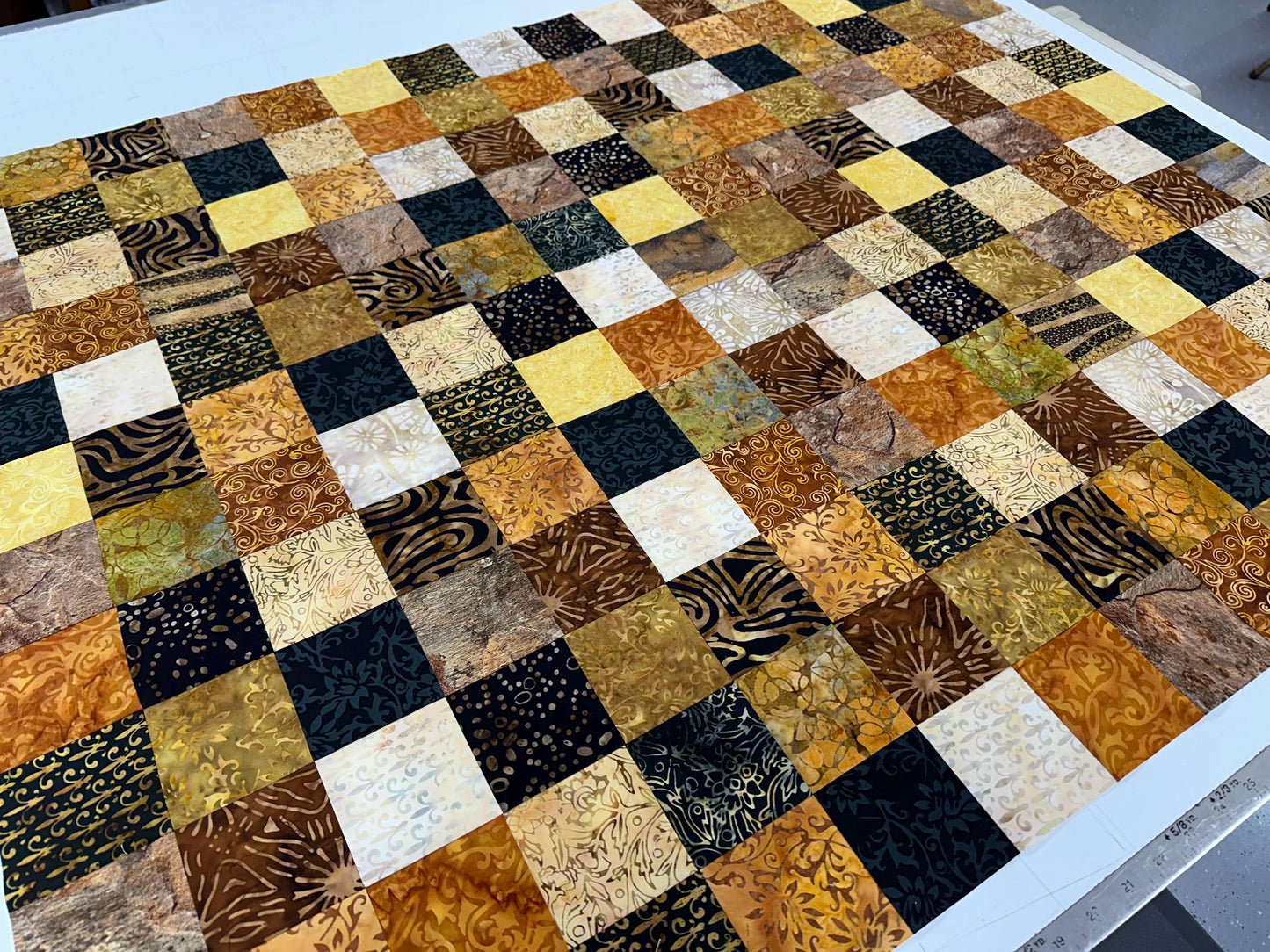 Handmade Batik Quilt Top in Black Brown Gold Patchwork, Lap Size, 36" x 45"