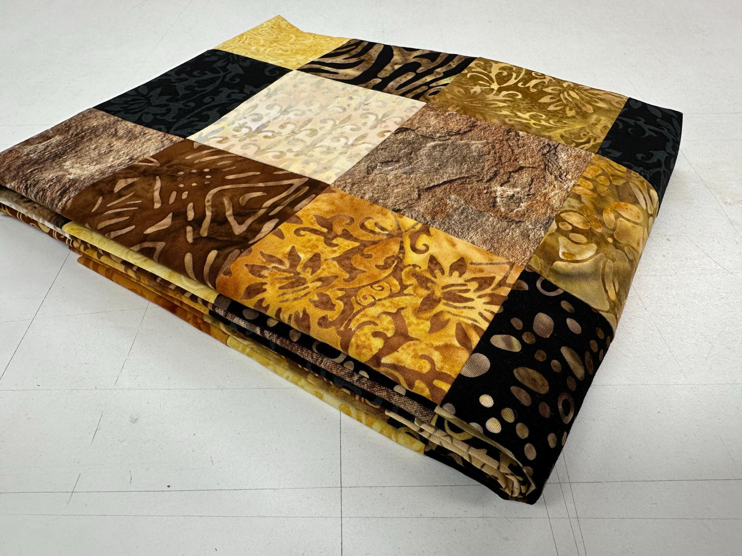 Handmade Batik Quilt Top in Black Brown Gold Patchwork, Lap Size, 36" x 45"