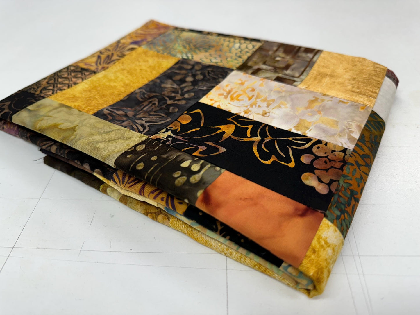 Handmade Batik Quilt Top in Black Brown Gold Patchwork, Lap Size, 36" x 44"