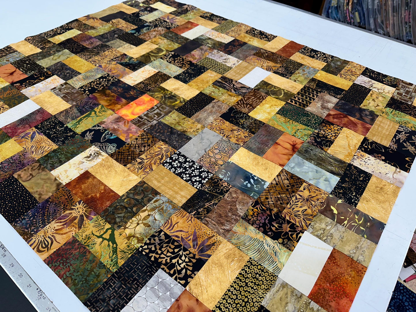 Handmade Batik Quilt Top in Black Brown Gold Patchwork, Lap Size, 36" x 44"
