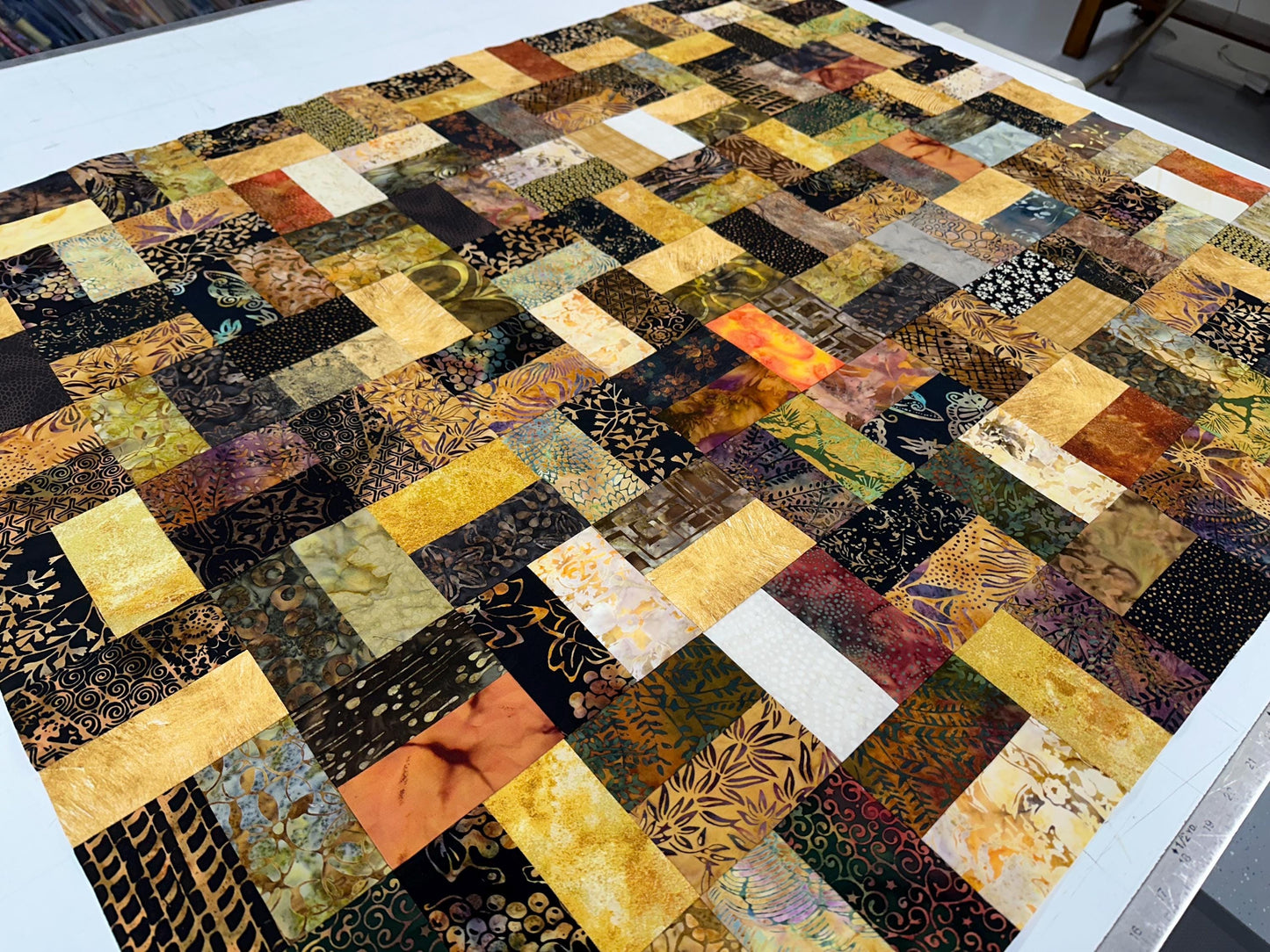 Handmade Batik Quilt Top in Black Brown Gold Patchwork, Lap Size, 36" x 44"