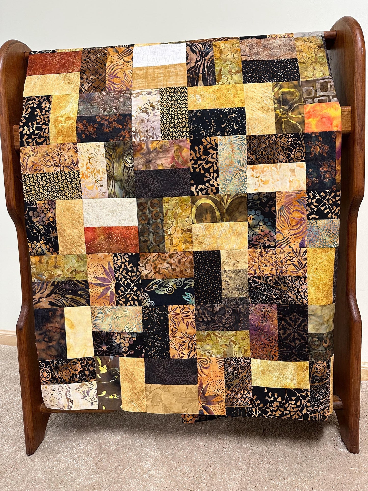 Handmade Batik Quilt Top in Black Brown Gold Patchwork, Lap Size, 36" x 44"