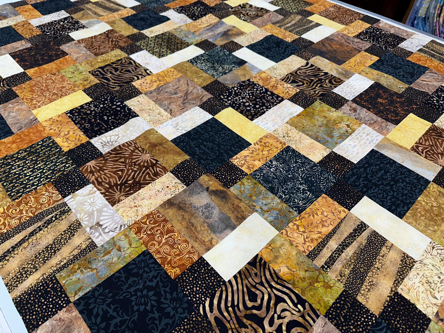 Unfinished Batik Quilt Top, Black Brown Gold, 45" x 58" Lap Throw