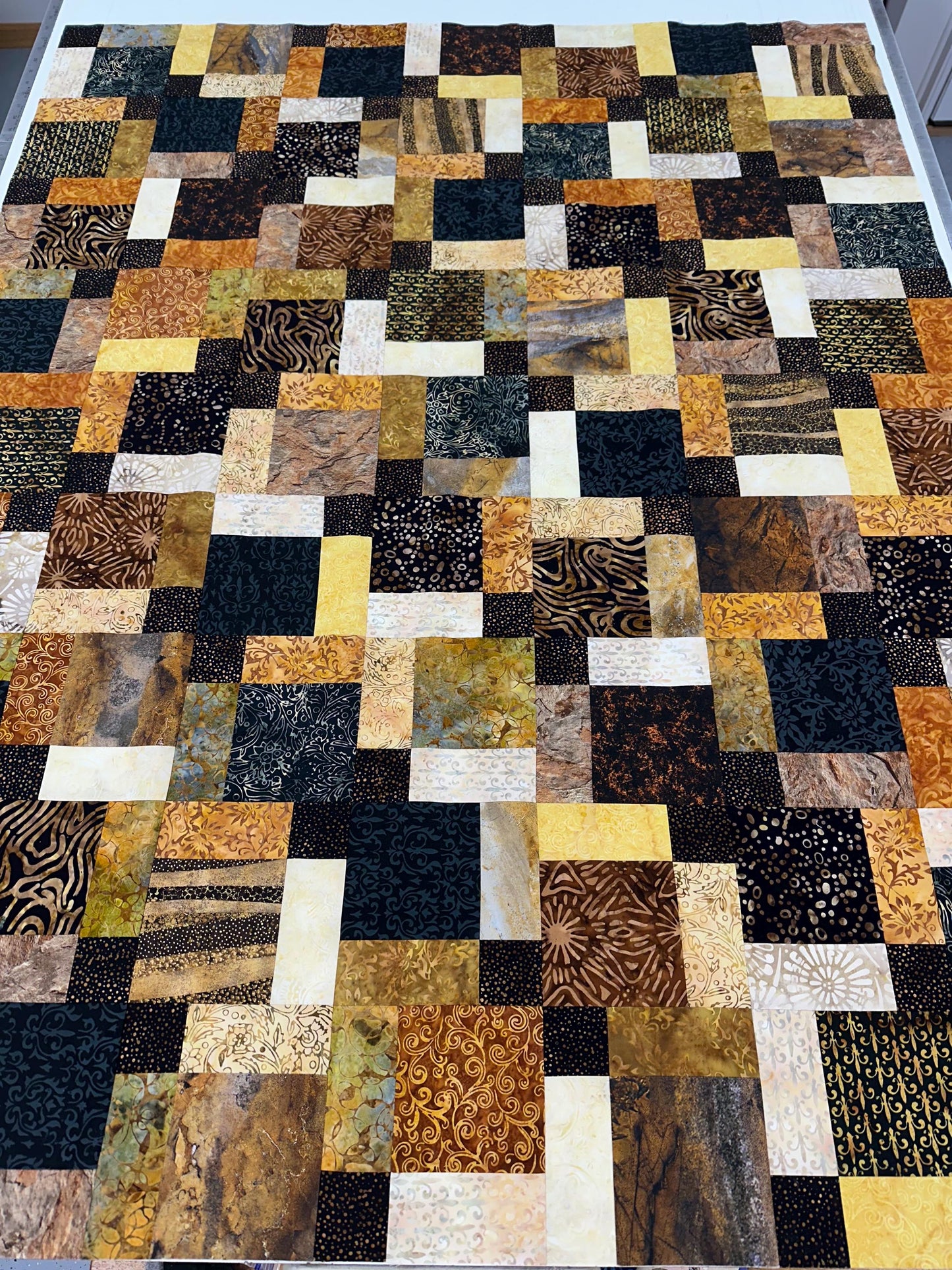 Unfinished Batik Quilt Top, Black Brown Gold, 45" x 58" Lap Throw