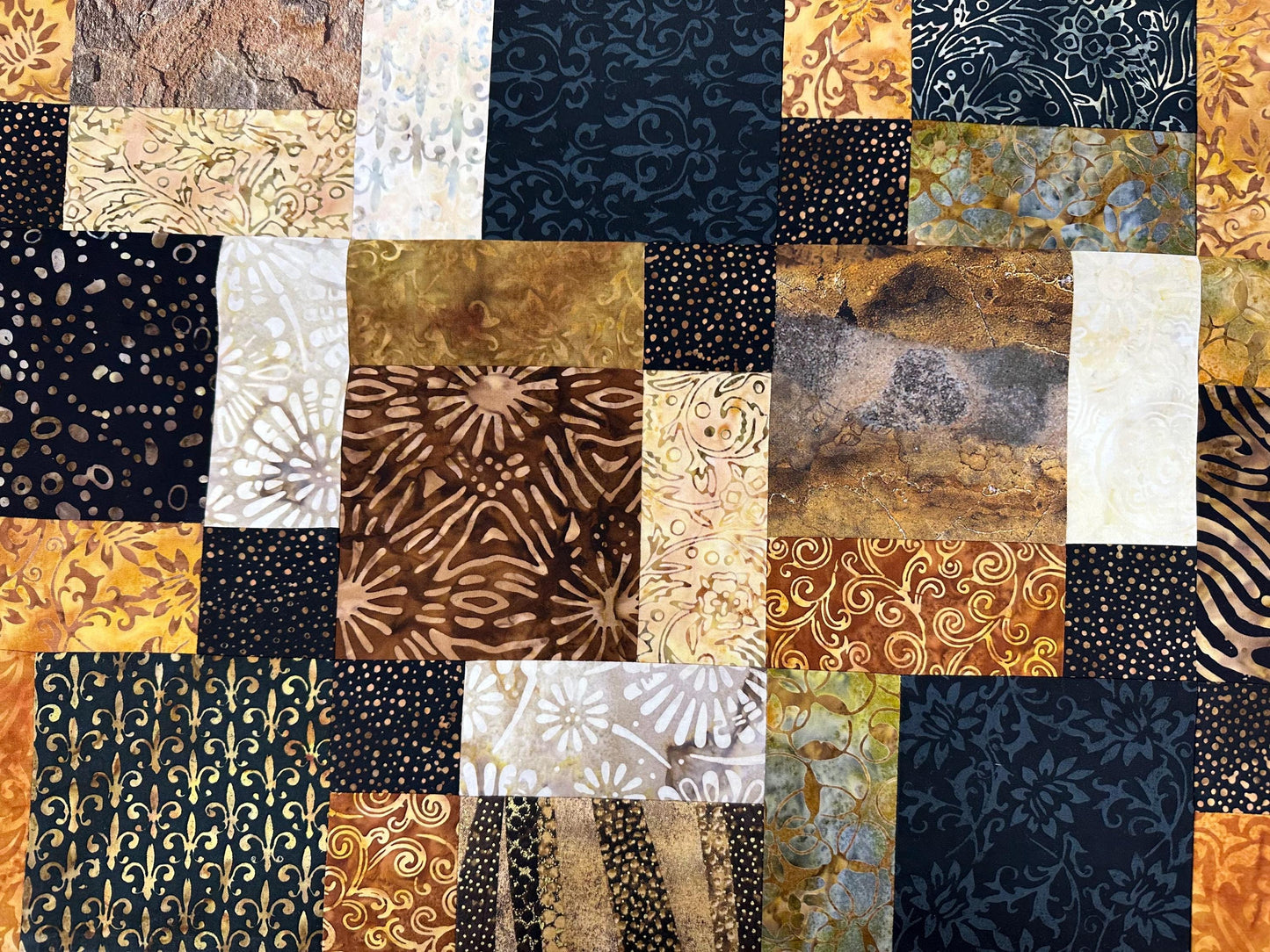 Unfinished Batik Quilt Top, Black Brown Gold, 45" x 58" Lap Throw