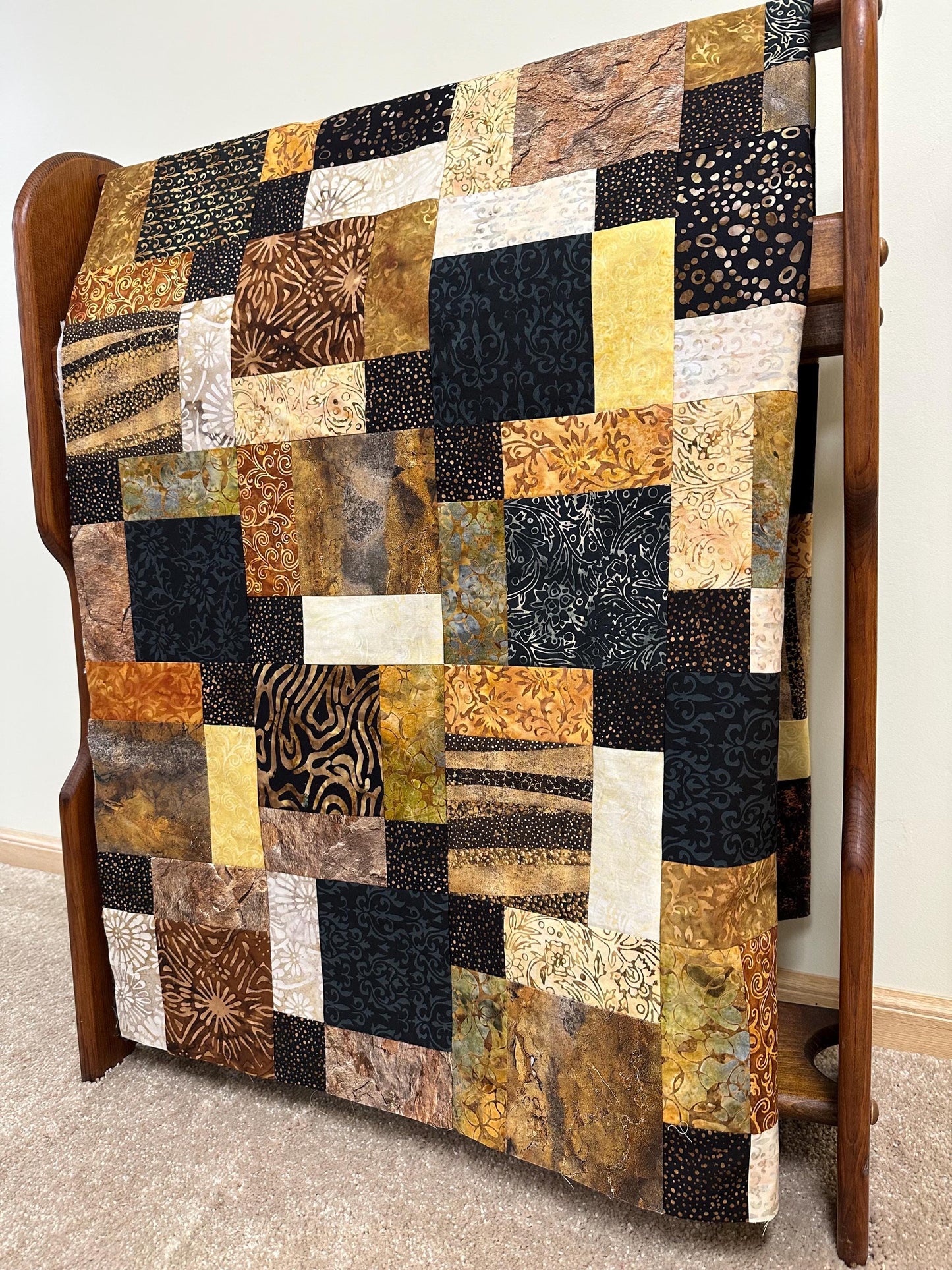 Unfinished Batik Quilt Top, Black Brown Gold, 45" x 58" Lap Throw
