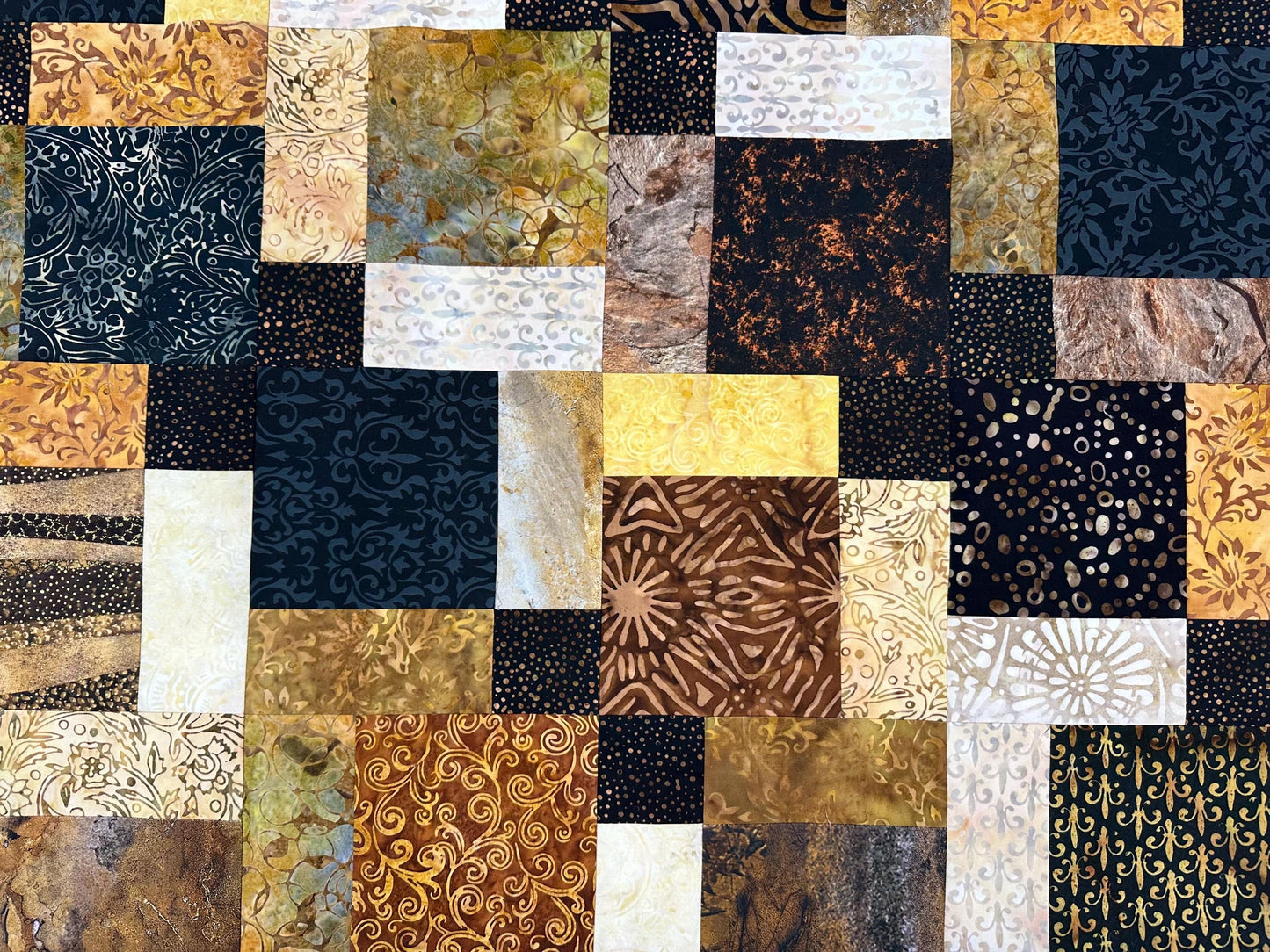 Unfinished Batik Quilt Top, Black Brown Gold, 45" x 58" Lap Throw