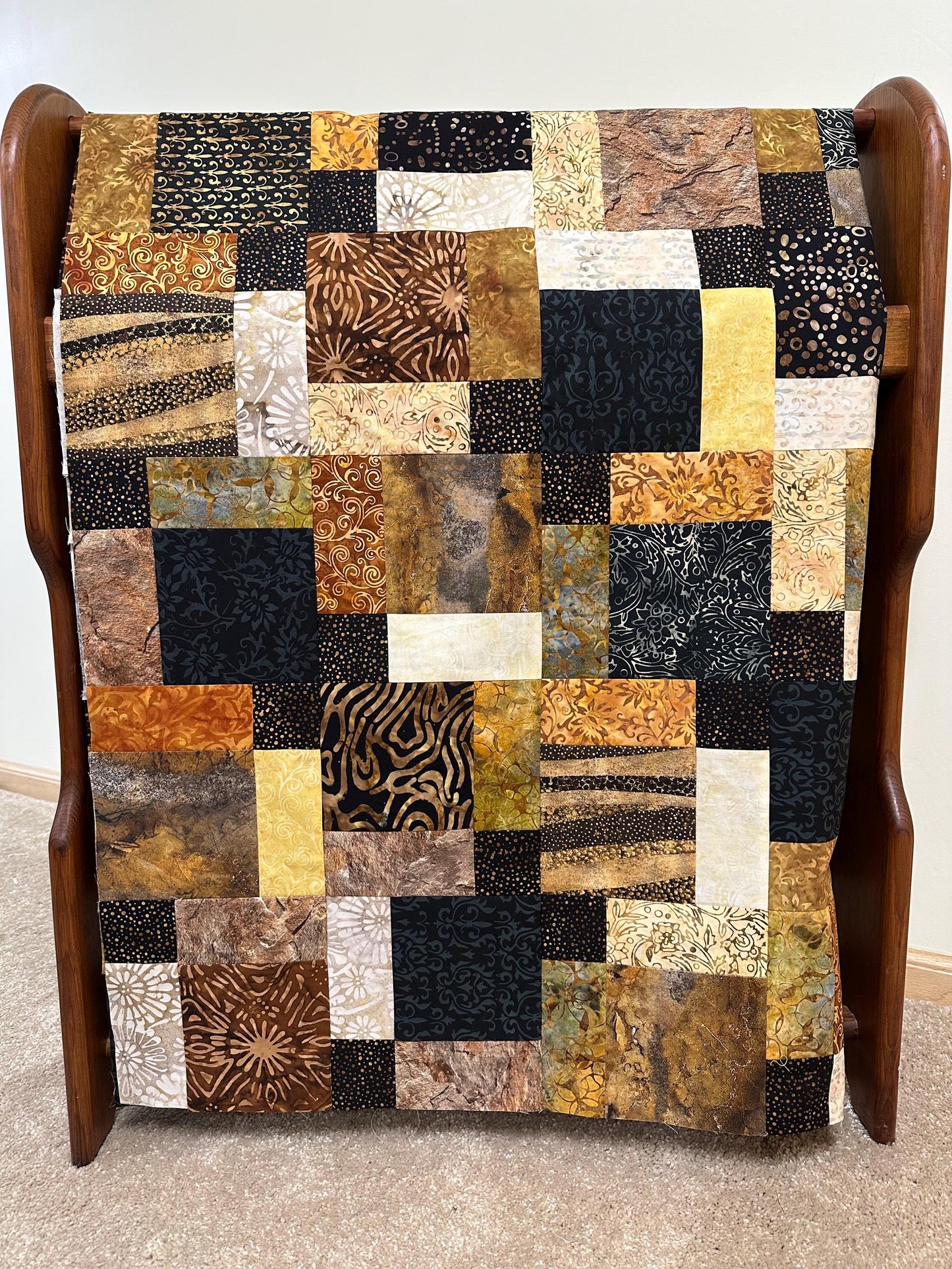 Unfinished Batik Quilt Top, Black Brown Gold, 45" x 58" Lap Throw