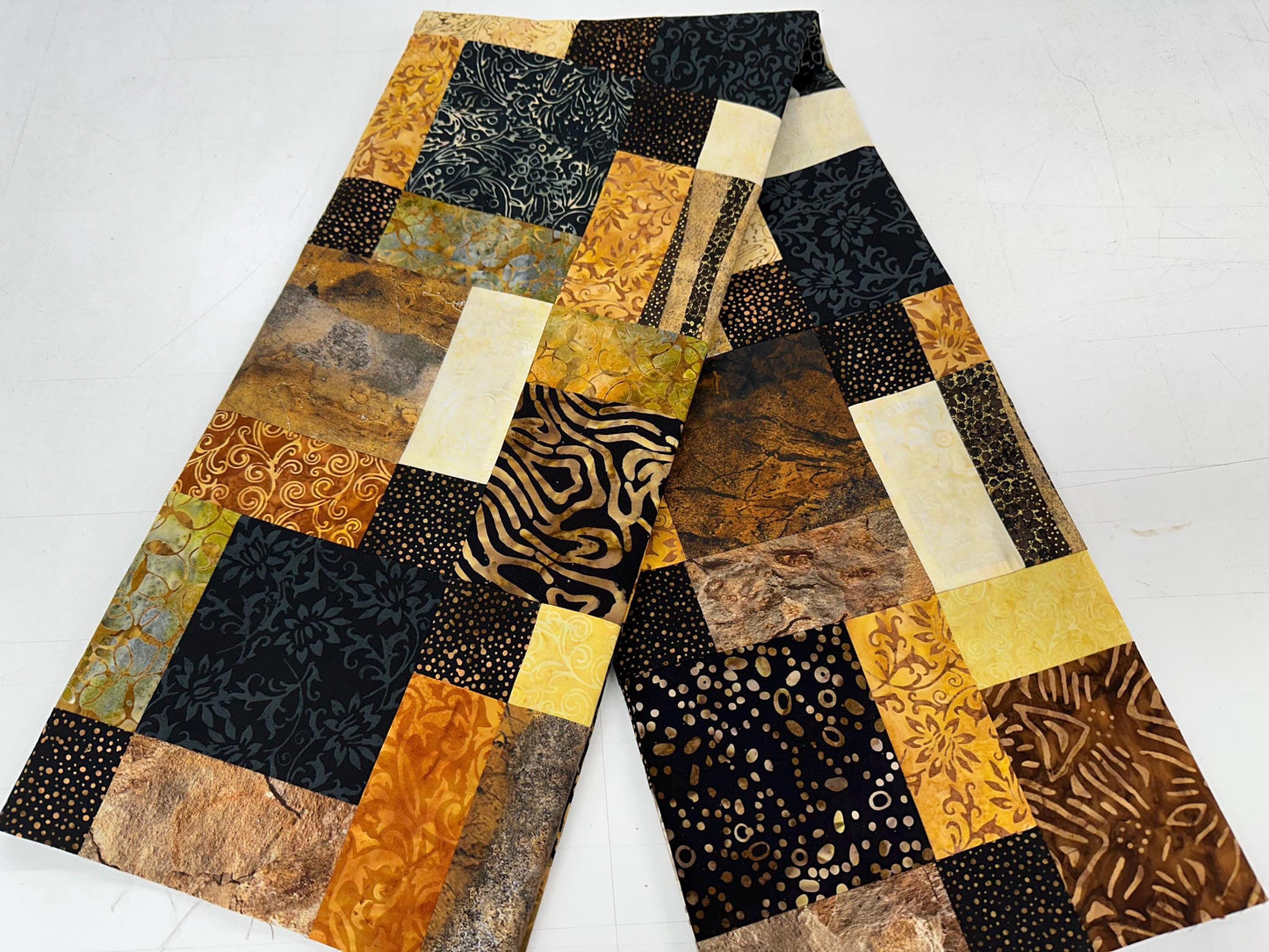 Unfinished Batik Quilt Top, Black Brown Gold, 45" x 58" Lap Throw