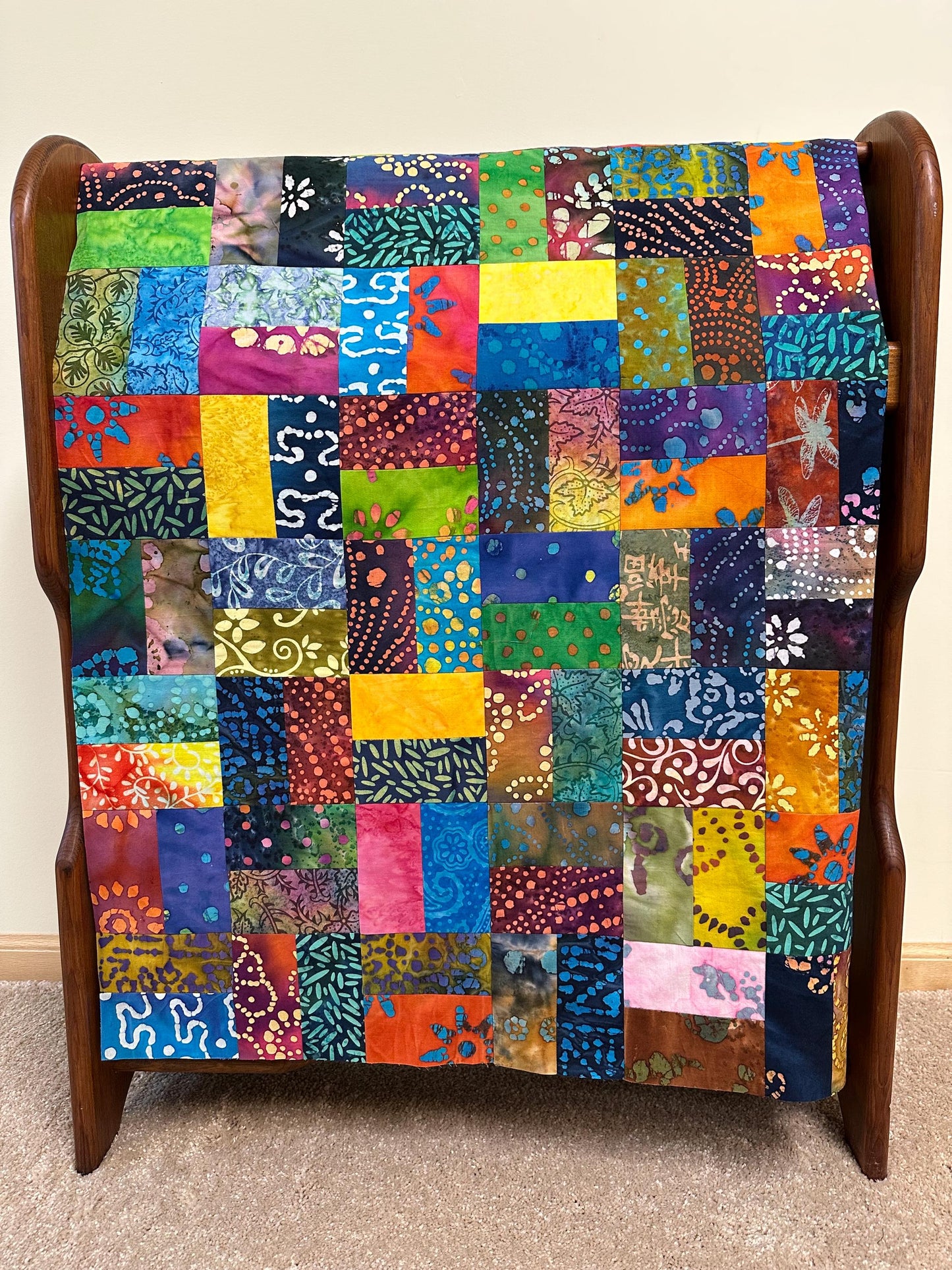 Handmade Batik Quilt Top in Bold Multi-Colors, Lap Size, 36" x 44"