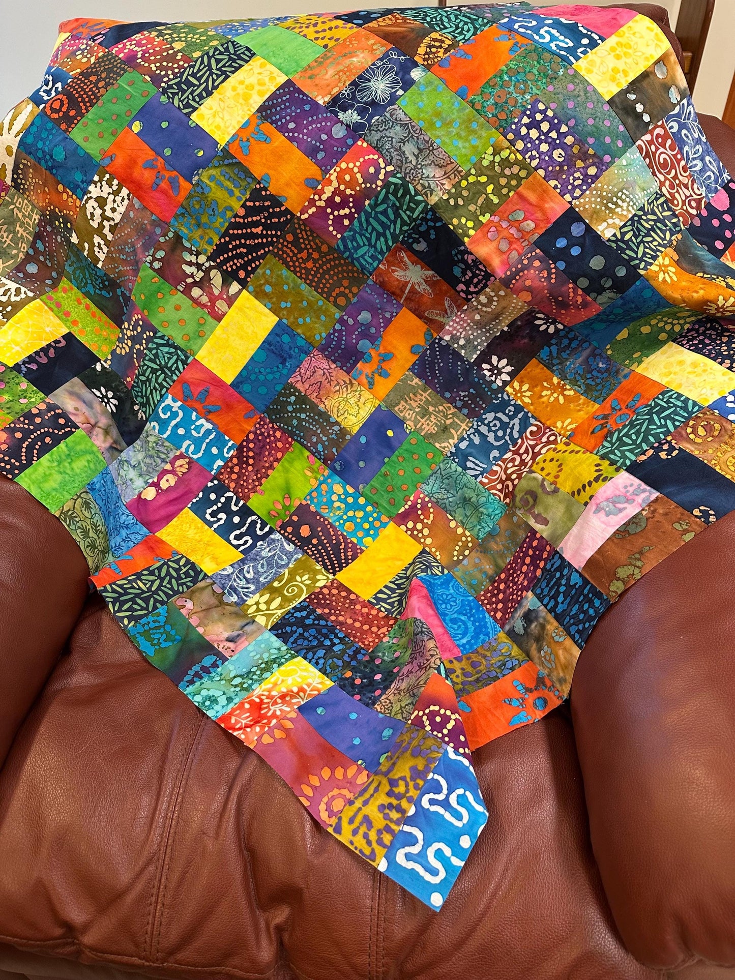Handmade Batik Quilt Top in Bold Multi-Colors, Lap Size, 36" x 44"