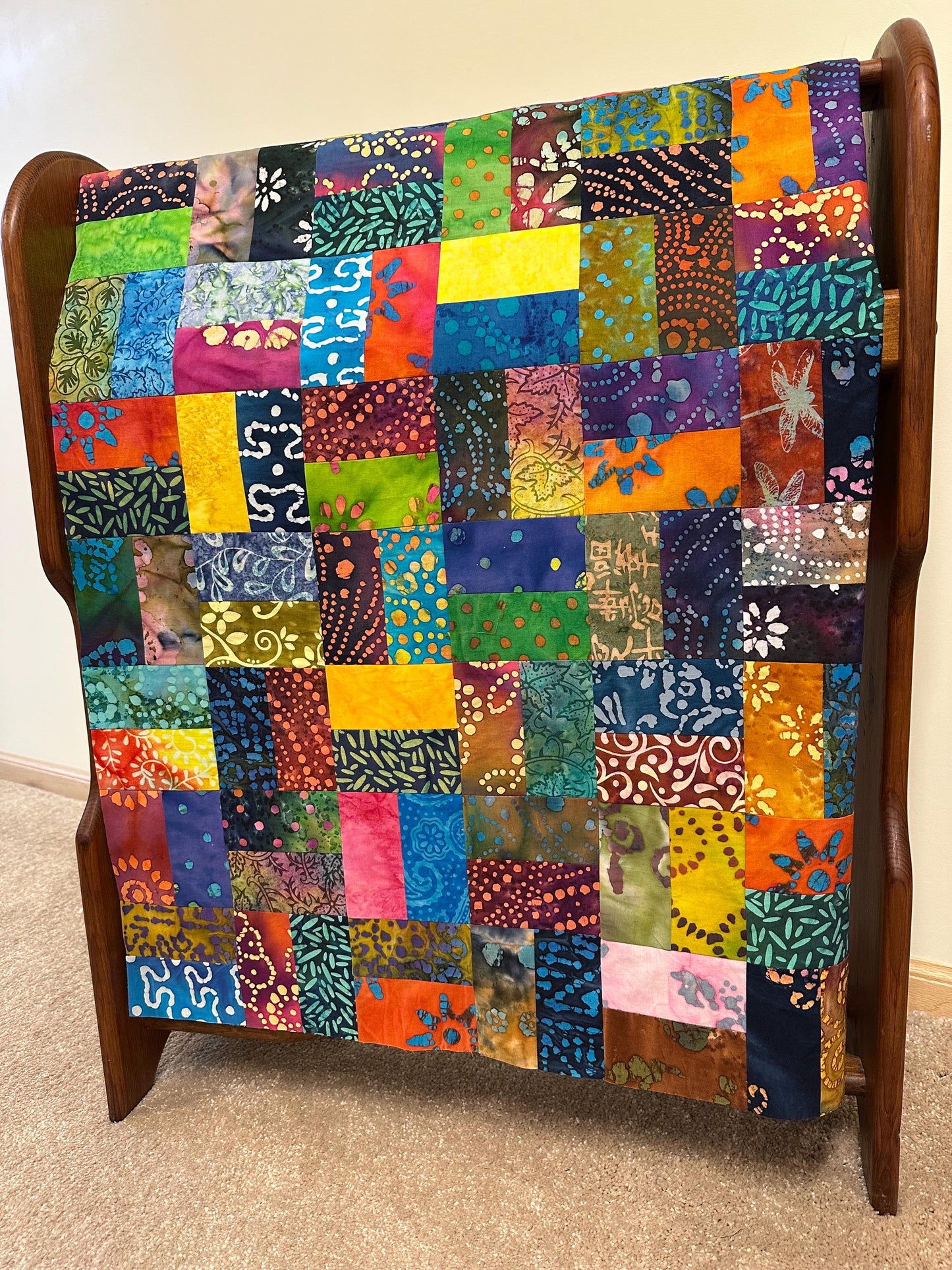 Handmade Batik Quilt Top in Bold Multi-Colors, Lap Size, 36" x 44"