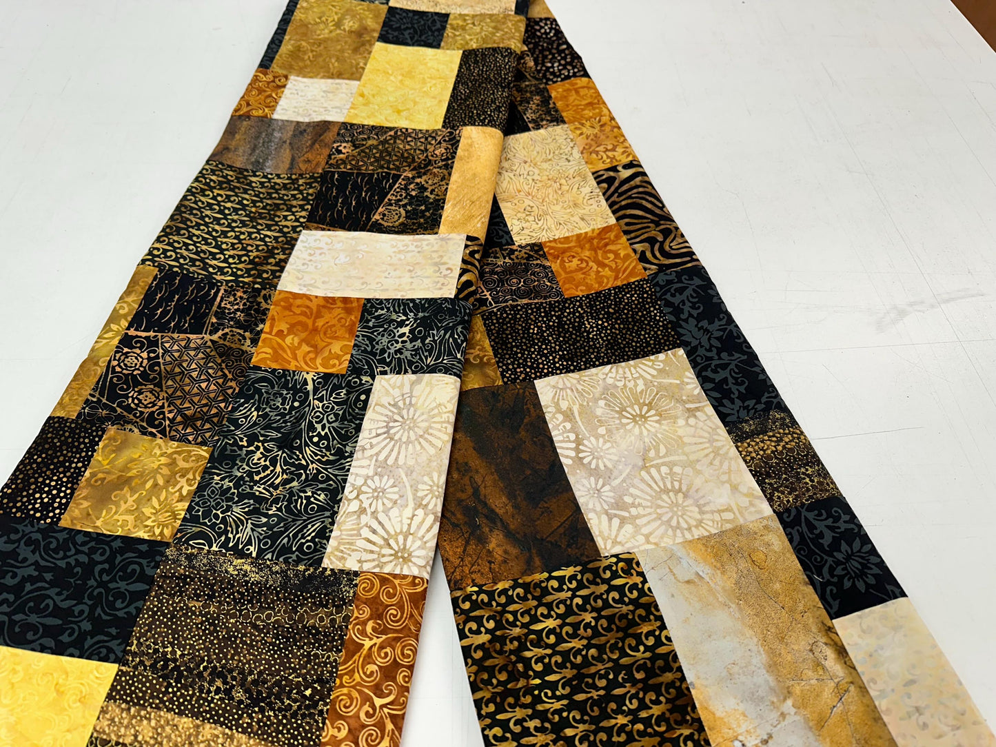 Handmade Batik Unfinished Quilt Top, King/ Queen Size 80" x 90" Black Brown Gold