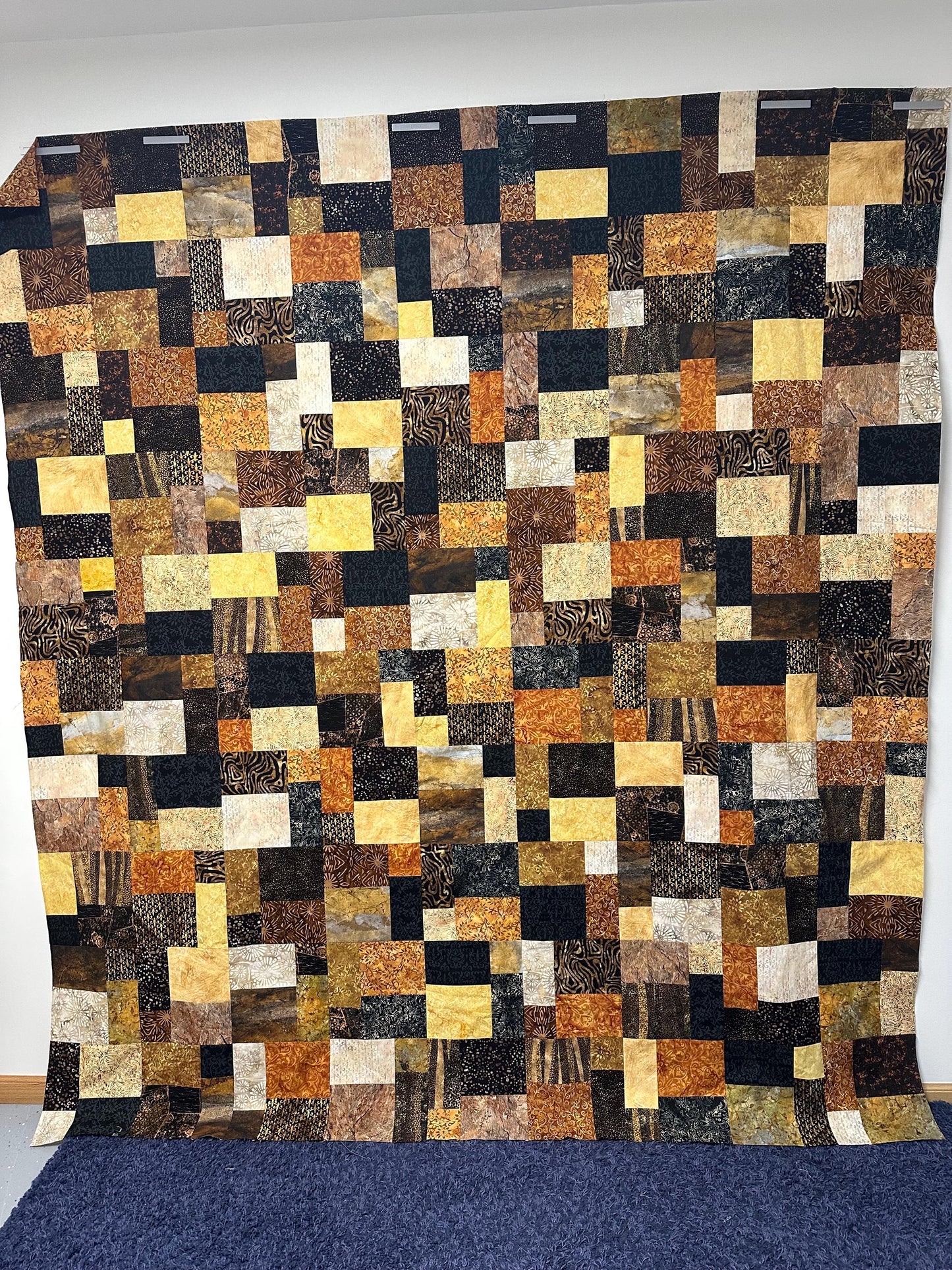 Handmade Batik Unfinished Quilt Top, King/ Queen Size 80" x 90" Black Brown Gold