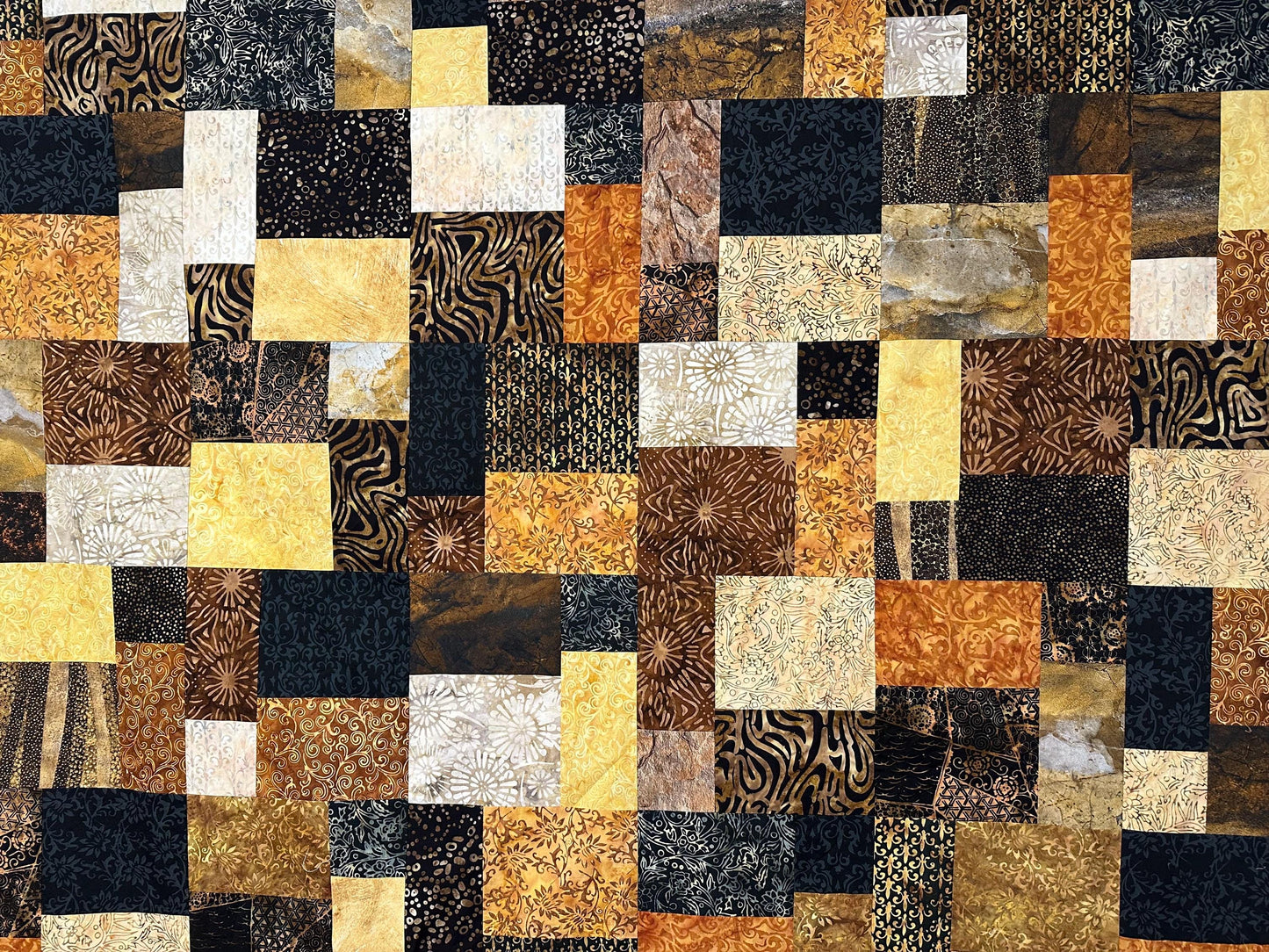 Handmade Batik Unfinished Quilt Top, King/ Queen Size 80" x 90" Black Brown Gold