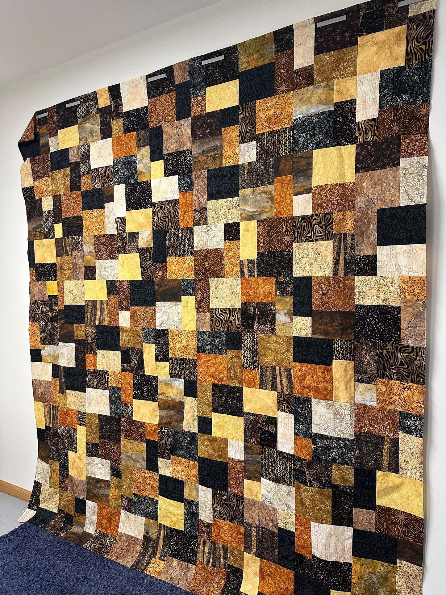 Handmade Batik Unfinished Quilt Top, King/ Queen Size 80" x 90" Black Brown Gold
