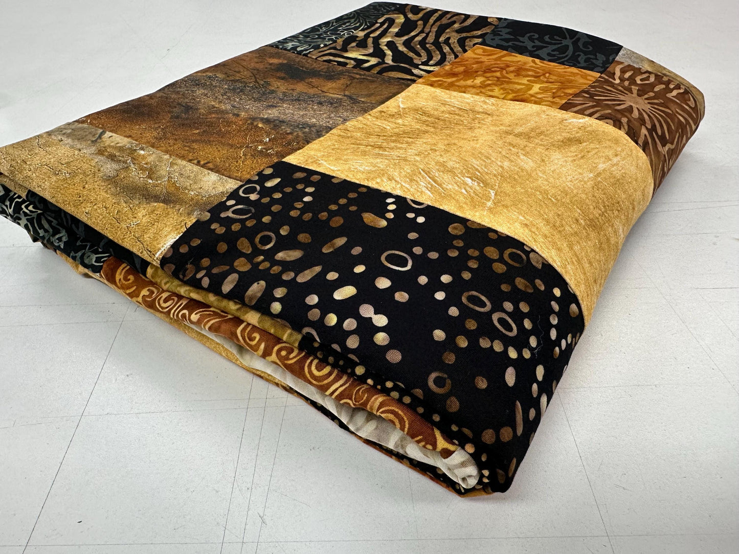 Handmade Batik Unfinished Quilt Top, King/ Queen Size 80" x 90" Black Brown Gold