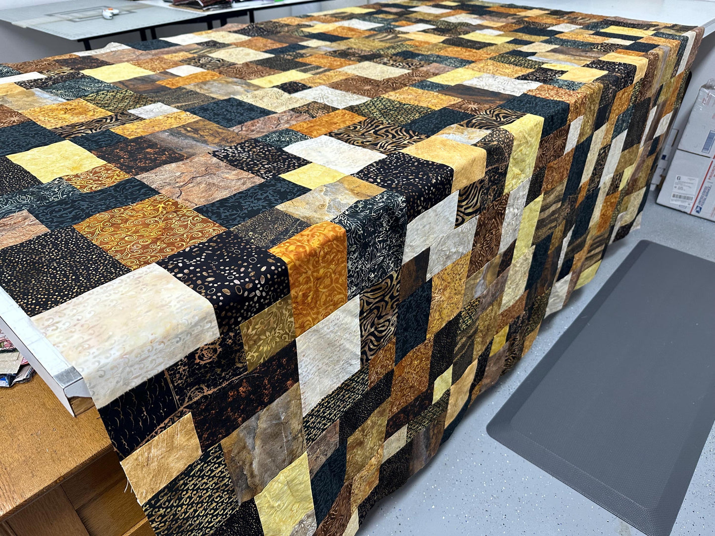 Handmade Batik Unfinished Quilt Top, King/ Queen Size 80" x 90" Black Brown Gold