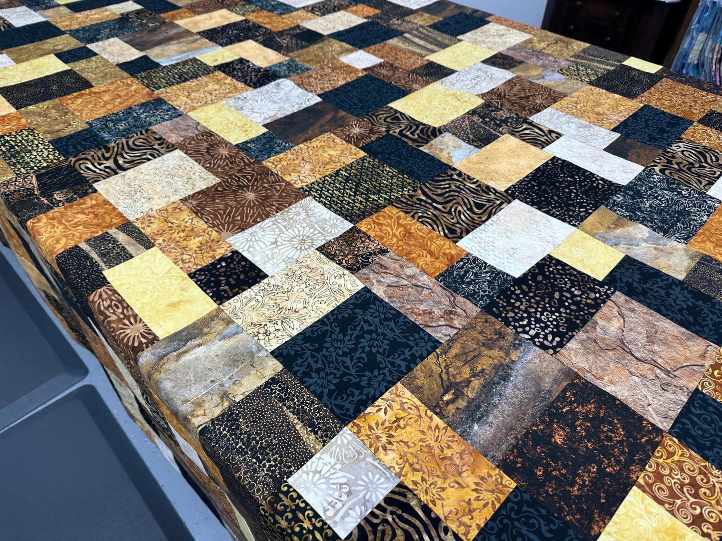 Handmade Batik Unfinished Quilt Top, King/ Queen Size 80" x 90" Black Brown Gold