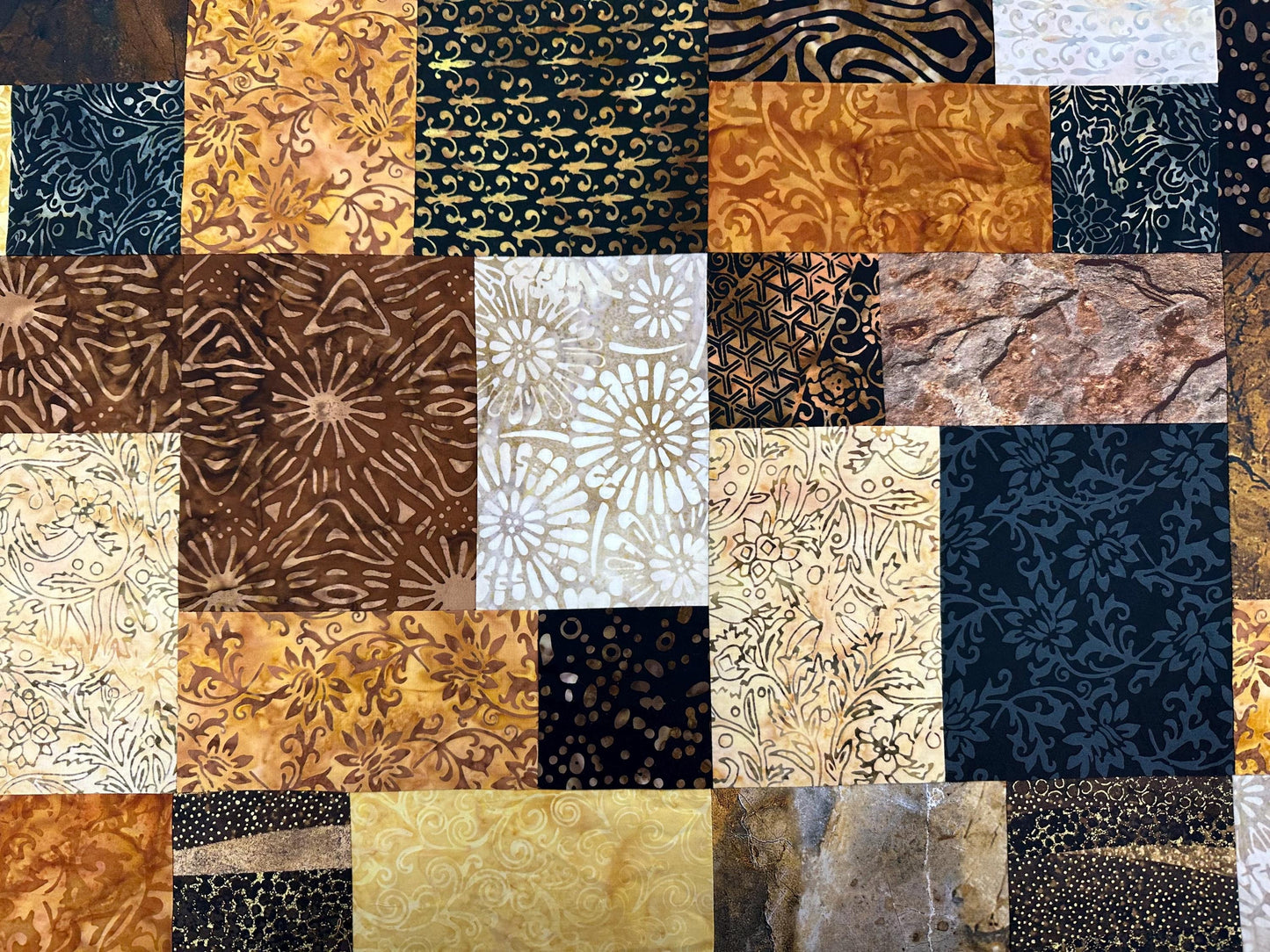 Handmade Batik Unfinished Quilt Top, King/ Queen Size 80" x 90" Black Brown Gold