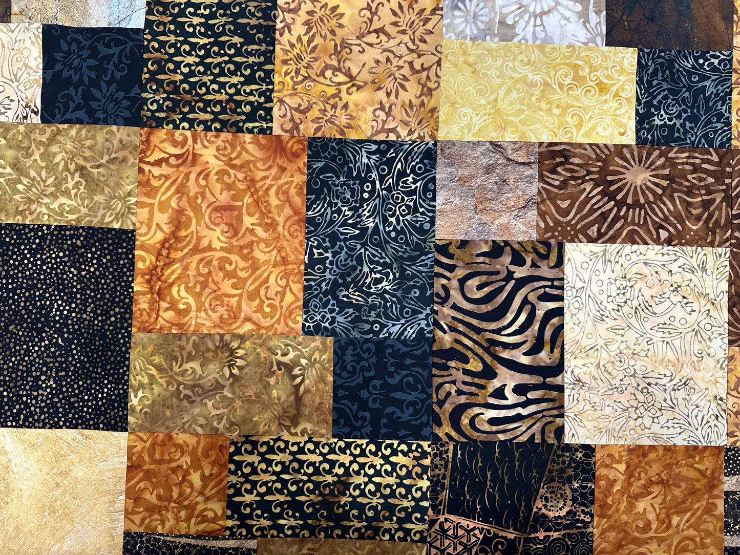 Handmade Batik Unfinished Quilt Top, King/ Queen Size 80" x 90" Black Brown Gold