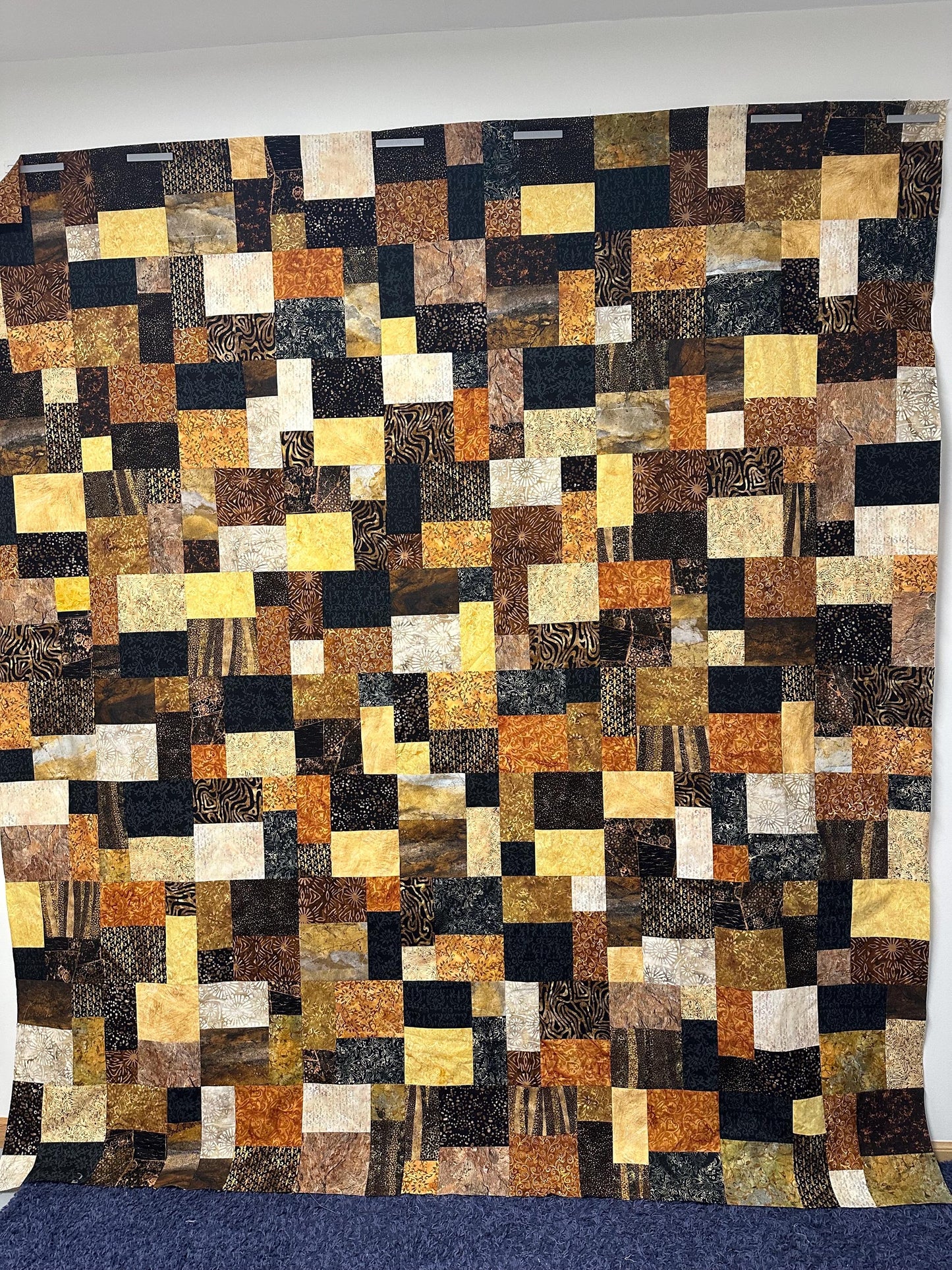 Handmade Batik Unfinished Quilt Top, King/ Queen Size 80" x 90" Black Brown Gold