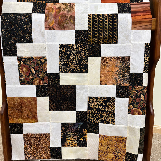 Handmade Batik Unfinished Quilt Top, Black, Brown, & Beige, 45" x 58", Lap Size