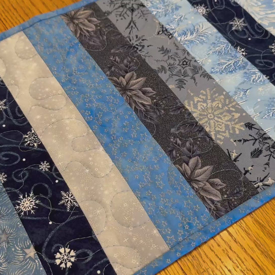 Blue Silver Snowflakes Winter Table Runner Quilted 13x32", Hanukkah Christmas