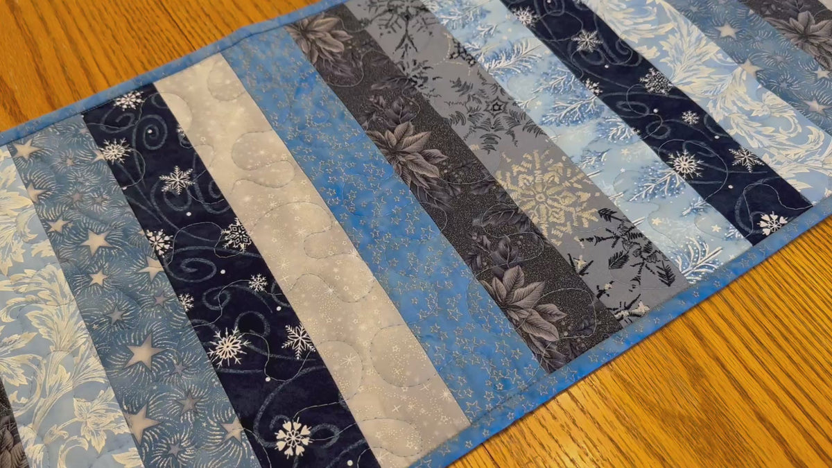 Blue Silver Snowflakes Winter Table Runner Quilted 13x32", Hanukkah Christmas