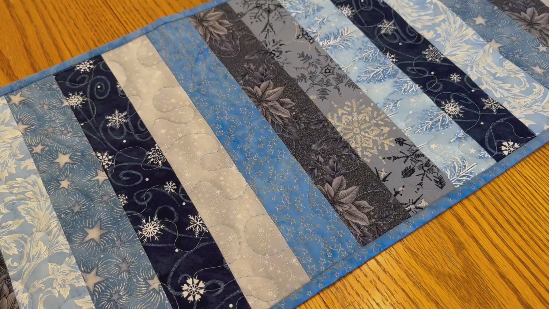 Blue Silver Snowflakes Winter Table Runner Quilted 13x32", Hanukkah Christmas