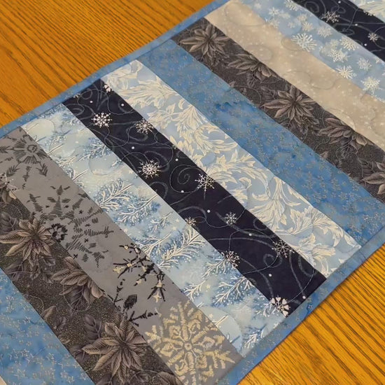 Blue Silver Snowflakes Winter Table Runner Quilted 13x40", Hanukkah Christmas