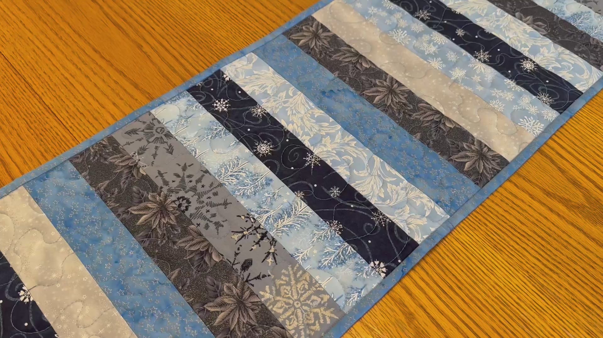 Blue Silver Snowflakes Winter Table Runner Quilted 13x40", Hanukkah Christmas