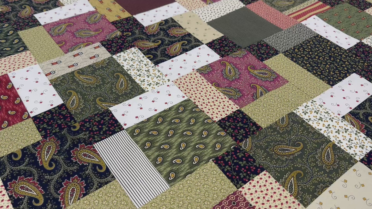Handmade Unfinished Quilt Top, Reproduction Fabric, Green Red, 45"x58" Lap Throw