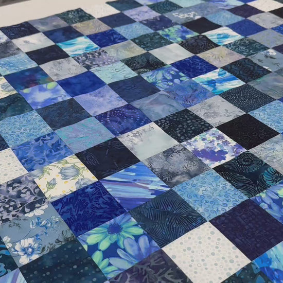 Handmade Blue Batik Unfinished Quilt Top, 36"x44", Lap Crib Throw Quilt Size