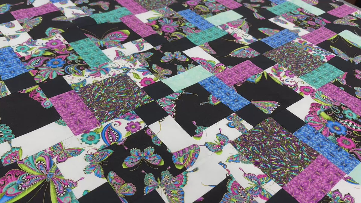 Handmade Floral Unfinished Quilt Top: Butterflies, Lap Quilt (45" x 58")