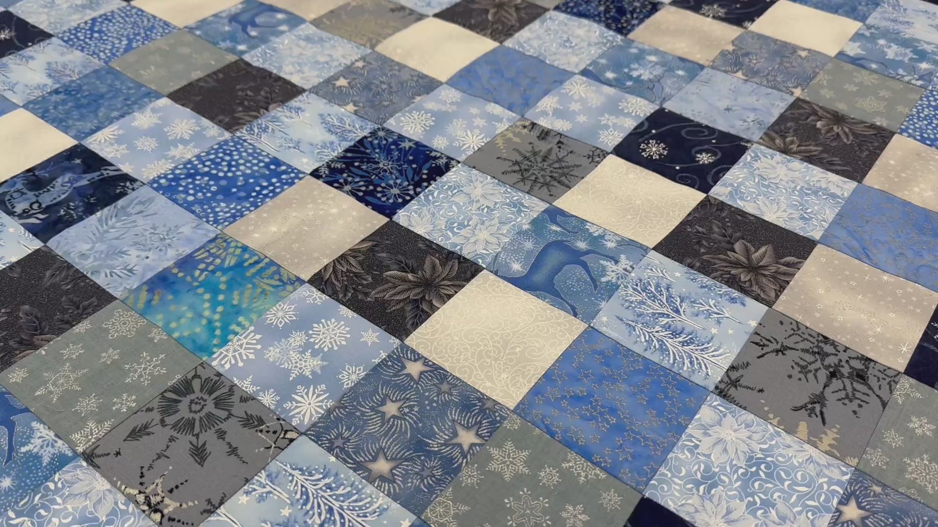 Handmade Christmas Unfinished Quilt Top – Blue, Silver, & White – 36" x 45"