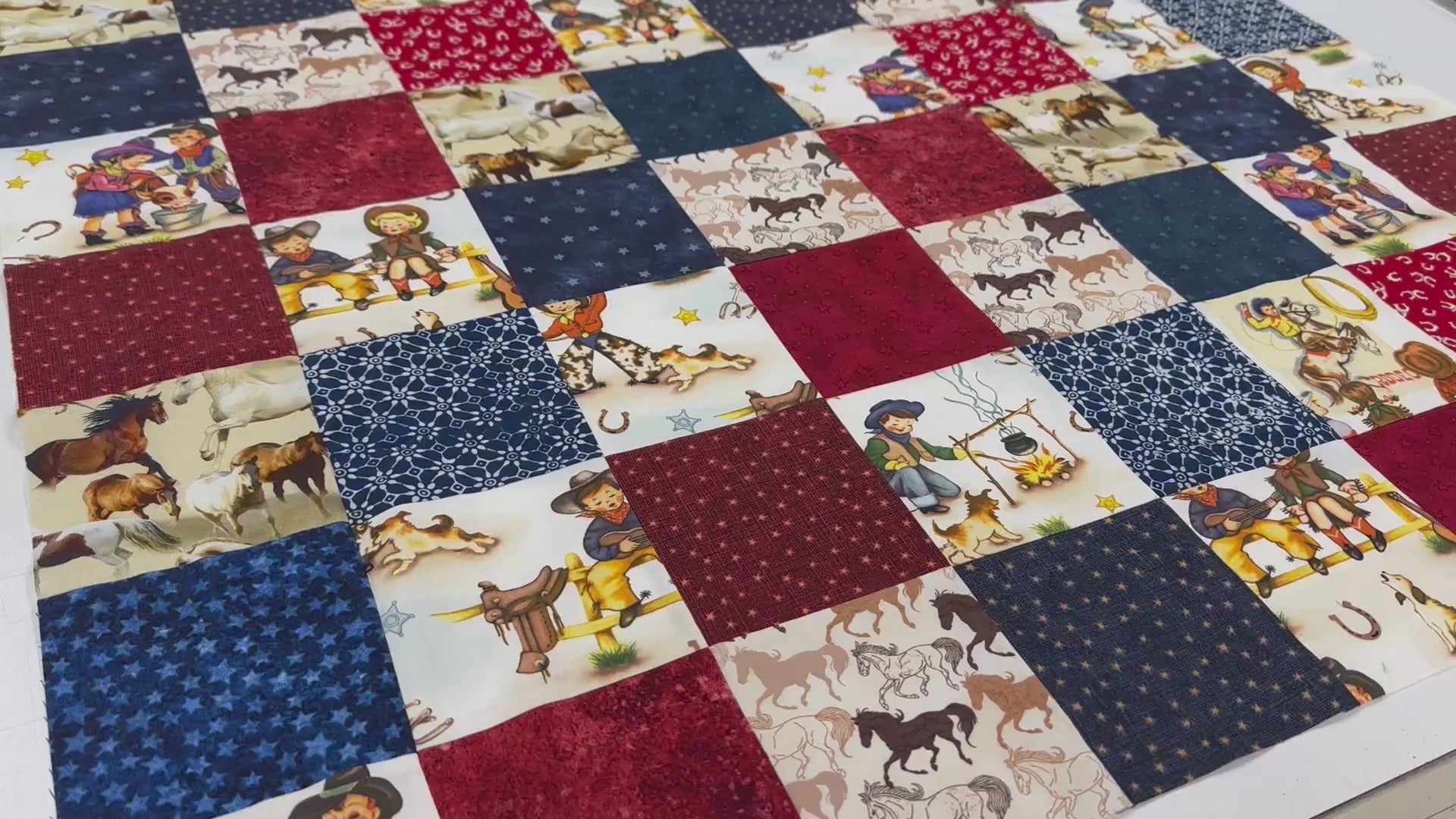Handmade Unfinished Quilt Top, Baby Boy, Western, Lil Cowboy, Bandanas, 36"x45"