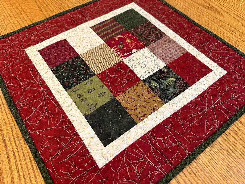 Christmas Table Runner, Quilted Winter Holiday Centerpiece, Kitchen Dining 20x20